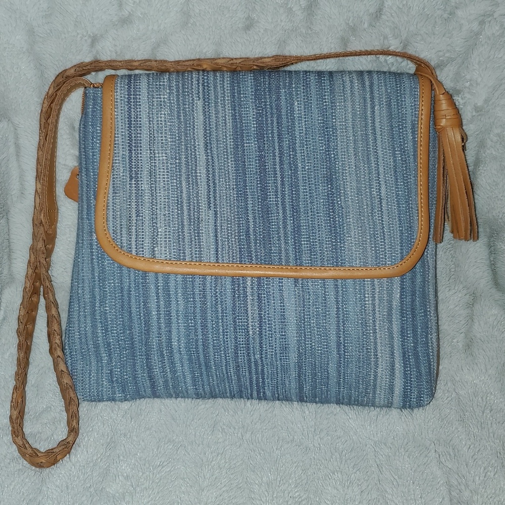 Denim Blue Woven Leather Trim Shoulder Crossbody Bag